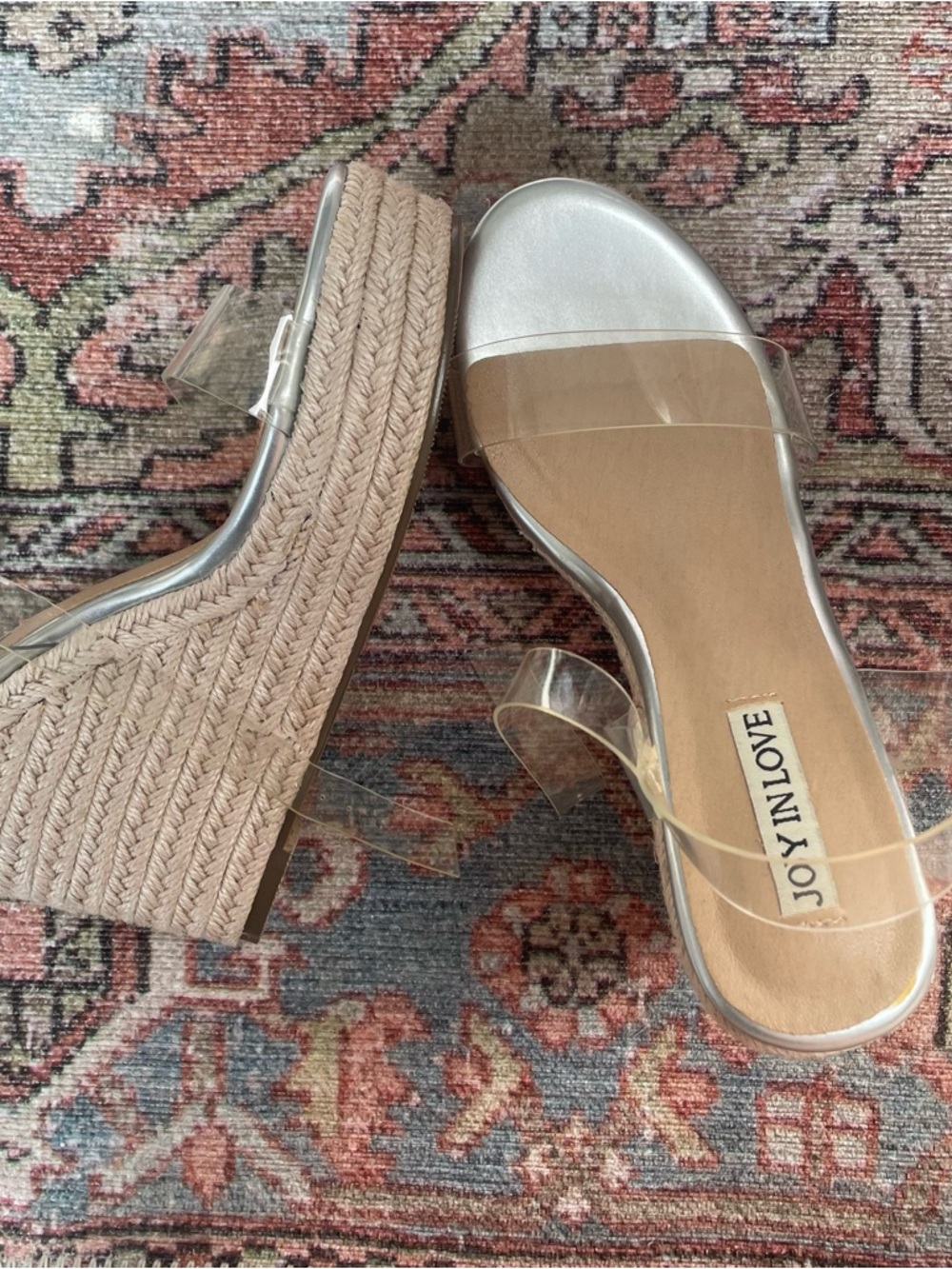Clear Strap Espadrille Wedge Sandals in Silver and Natural